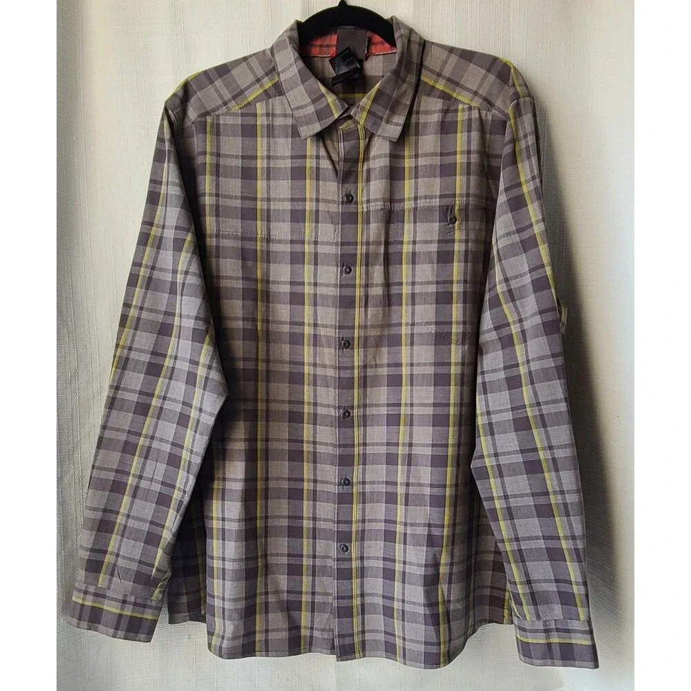 The North Face Mens Large Plaid Button Up Shirt Long Sleeve Gray Yellow Hiking